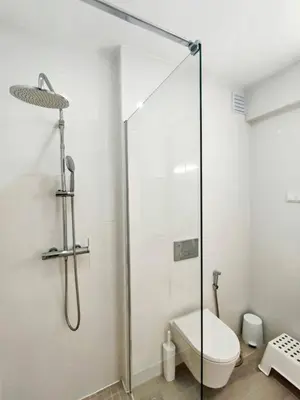a bathroom with a shower and a toilet at Lovely Terrace Apart. Downtown in Faro