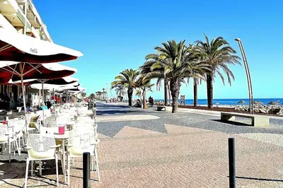 a row of tables and chairs on a beach with palm trees at Luxury Modern Beach Apartment in Quarteira