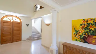 a living room with a fireplace with a cat in a basket at Casa Atlantico in Quinta do Lago