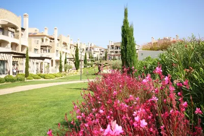 a garden with pink flowers in front of a building at Vilamoura Pine Hills Luxury Apartment in Quarteira