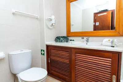 a bathroom with a toilet and a sink and a mirror at Apartamento do Pinhal - By Dalma Portuguesa in Albufeira