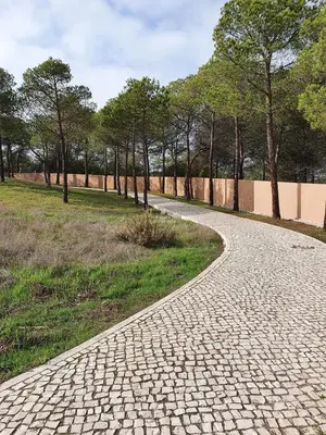 a cobblestone road in a park with trees at Apartamento do Pinhal - By Dalma Portuguesa in Albufeira
