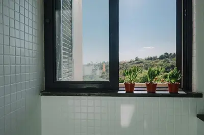 a bathroom window with potted plants on a window sill at CASA AMOR JACARANDA - Ocean View Modern Vila in Albufeira