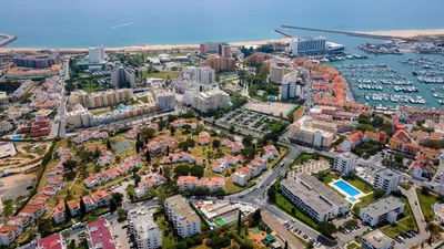 an aerial view of a city with a harbor at 2 BDR Vilamoura Escape W Balcony by LovelyStay in Quarteira