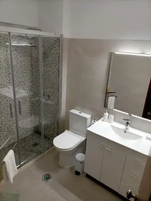 a bathroom with a shower and a toilet and a sink at The Retreat - O Retiro Algarvio in Faro
