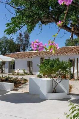 a house with pink flowers in front of it at Âmago Guesthouse in Santa Bárbara de Nexe