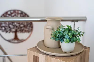 two vases and a plant on a shelf at Privilege Casa dos Capuchinhos, in the heart of Faro in Faro