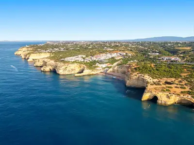an aerial view of a rocky island in the ocean at Apartment Ipanema 2 by Algarve Vacation in Albufeira