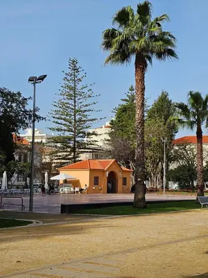 a palm tree in a park with a building at Casa Jasmim in Faro