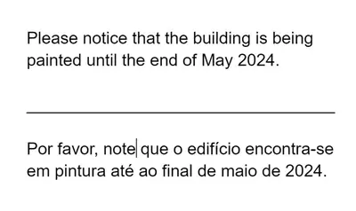 a line with the words peace notice that the building is being paintedumedumedntil at Falésia Modern Flat W/Balcony & Pool by LovelyStay in Albufeira