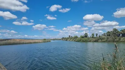a river under a blue sky with clouds at Praia da Galé, 250m da Praia e Piscina in Galé