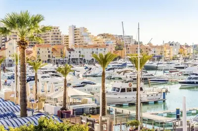 a marina with boats and palm trees and buildings at Villa Veiguinha in Galé