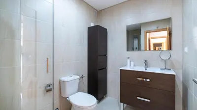 a bathroom with a toilet and a sink and a mirror at Vilamoura - Spacious with Swimming Pool & View in Vilamoura