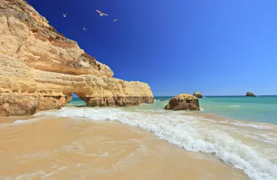 a beach with rocks in the water and birds flying at Villa Adelaide in Quarteira