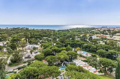 an aerial view of a neighborhood with trees and the ocean at Villa Balaia by Villa Plus in Olhos de Água