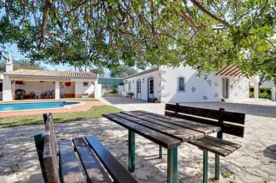 a wooden bench sitting under a tree in front of a house at Casal dos Machados - Vista Mar in Benfarras
