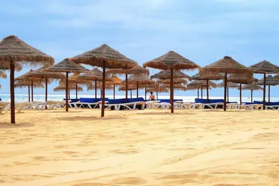 a group of straw umbrellas on a beach at TOM's House - T2 Sea View in Quarteira