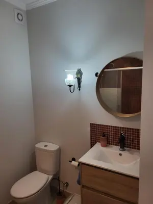 a bathroom with a toilet and a sink and a mirror at Vista Magica B&B in Santa Bárbara de Nexe