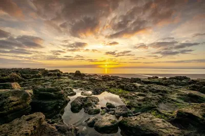 a sunset on the rocks at the beach at Apartamento Brisa Mar in Albufeira