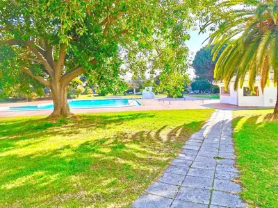 a path in a park with a tree and a pool at Resort Albufeira T1, Praia da Oura in Albufeira
