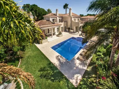 an aerial view of a house with a swimming pool at Amazing Algarve Villa 5 Bedrooms Villa Lillian Private Pool & Ping Pong in Almancil