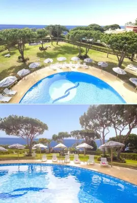 two pictures of a swimming pool with chairs and umbrellas at Apartment Blue Sun in Albufeira