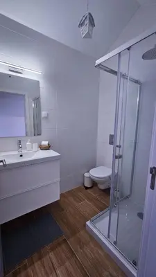 a bathroom with a shower and a sink and a toilet at Carmo City Center 3 in Faro