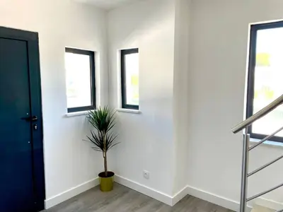 a hallway with three windows and a potted plant at V8 Praia da Falésia, Albufeira in Olhos de Água