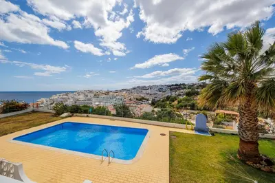 a swimming pool in a yard with a palm tree at Helena's House Sea View in Albufeira