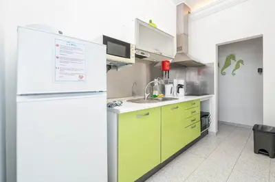 a kitchen with green cabinets and a white refrigerator at Blife Riamya private apartment in Faro
