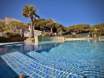 a large swimming pool with a palm tree in the background at Quarteira Premium Villa With Pool by Homing in Quarteira