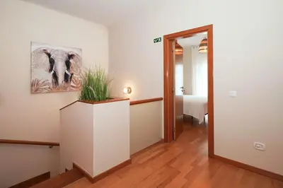 a hallway with a plant on top of a white wall at Casa Santos in Albufeira