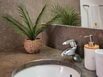 a bathroom sink with a potted plant on a counter at Serenity 06 House by Stay ici Algarve Holiday Rental in Albufeira