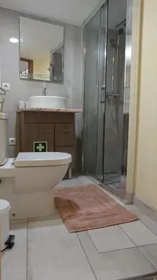 a bathroom with a shower and a toilet and a sink at Grand Studio 52 in Faro