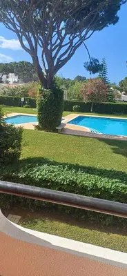 a bench next to a swimming pool with a tree at AA Apartamento Solar dos Pinheiros in Vilamoura