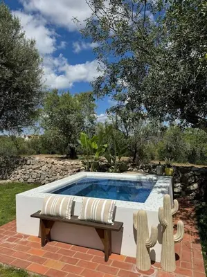 a swimming pool with a bench and cactuses next to it at Casa Nova Vida in Paderne