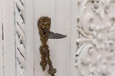 a gold door knocker on a white door at Blife Alicya private rooms in Faro