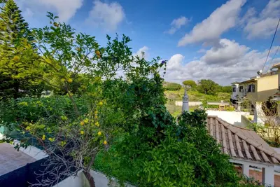 a tree with oranges on it on a balcony at Townhouse in Quarteira in Quarteira