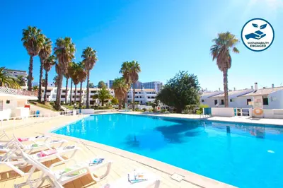 a large swimming pool with chairs and palm trees at Villa Saint Lucia by Algarve Vacation in Albufeira