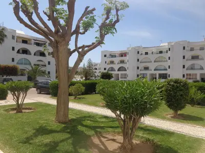 a tree in the grass in front of a building at Apartamento Praia dos Salgados in Albufeira