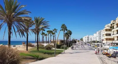 a street with palm trees and buildings and the ocean at Nice Flat in Quarteira Beach in Quarteira