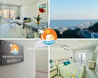 a collage of three pictures of a room with a bedroom at BrisaMar Villas: Sol, Mar, Serenidade in Albufeira