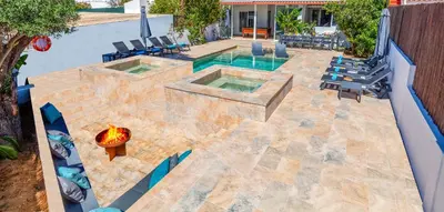 an overhead view of a patio with two pools at Villa Palancar by Algarve Vacation in Albufeira