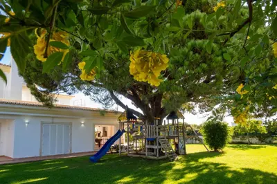a playground in a yard next to a tree at Ma Vie La in Vale de Carros