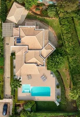 an overhead view of a house with a swimming pool at Stunning 4-Bedroom Villa With Pool - Perfect For Families in Albufeira