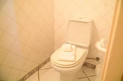 a bathroom with a toilet with a box on it at Villa Lydika I in Albufeira