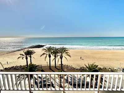 a view of a beach with palm trees and the ocean at Sea Front 180º View with AC and WiFi in Quarteira