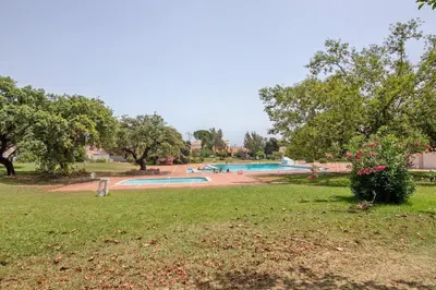 a swimming pool in a park with trees and grass at Stunning Modern Apartment In Oura in Albufeira