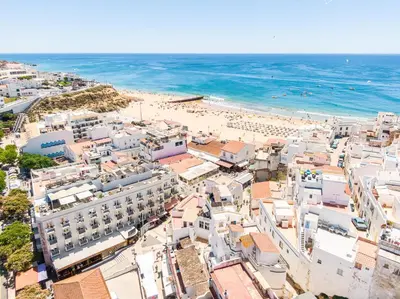 an aerial view of a beach and buildings at Apartment Marisela in Albufeira