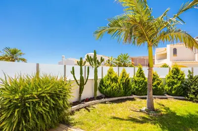 a garden with palm trees and a white fence at Villa Cristina 15 in Albufeira